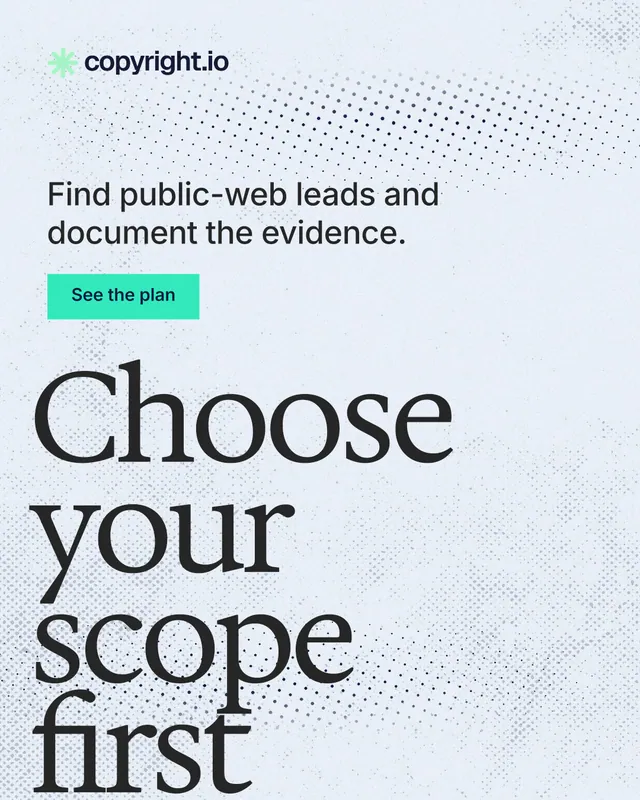 Instagram portrait post for copyright.io: "Choose your scope first." Swiss style, oversized layout, light palette in white, blue, grey.