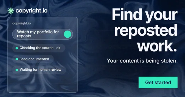 Social ad for copyright.io: "Find your reposted work." Swiss style, right layout, dark palette in blue, black, teal.