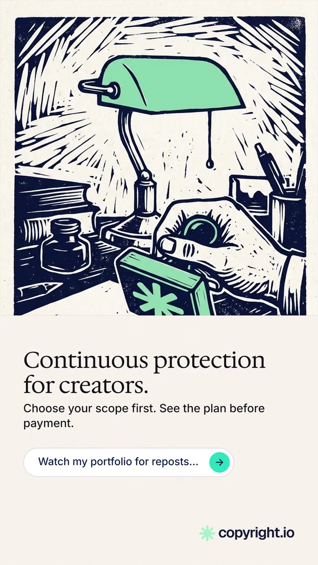 Instagram story for copyright.io: "Continuous protection for creators." Agentic glass style, bottom layout, light palette in white, grey.