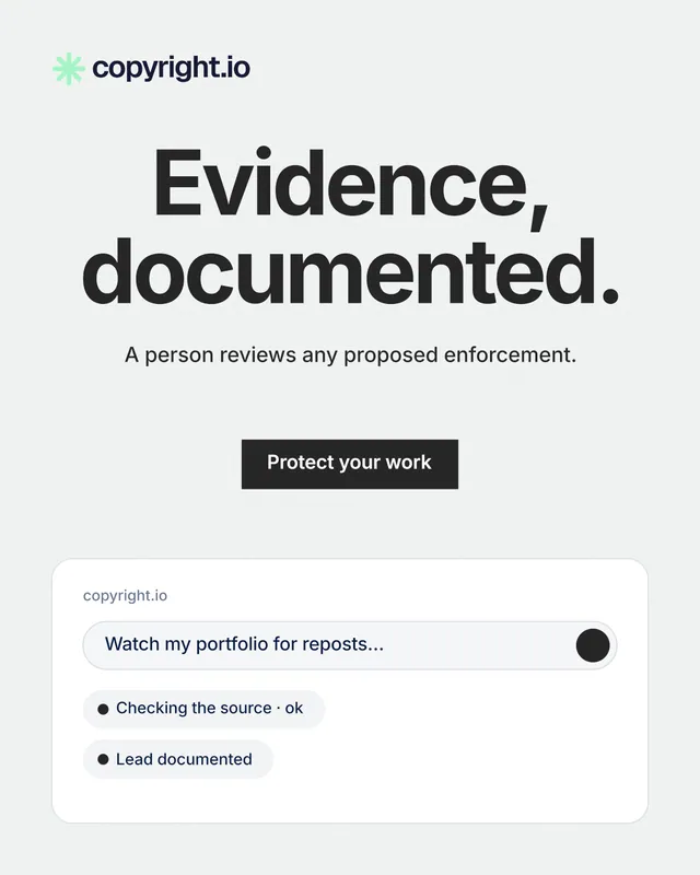 Instagram portrait post for copyright.io: "Evidence, documented." Swiss style, centred layout, light palette in white, grey.