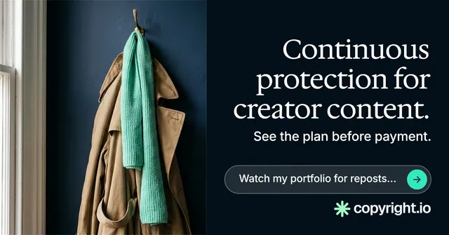 Social ad for copyright.io: "Continuous protection for creator content." Agentic glass style, right layout, dark palette in black, grey.
