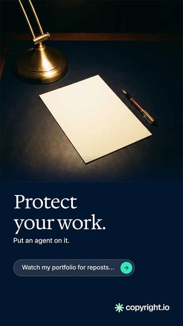 Instagram story for copyright.io: "Protect your work." Agentic glass style, bottom layout, dark palette in black, grey.