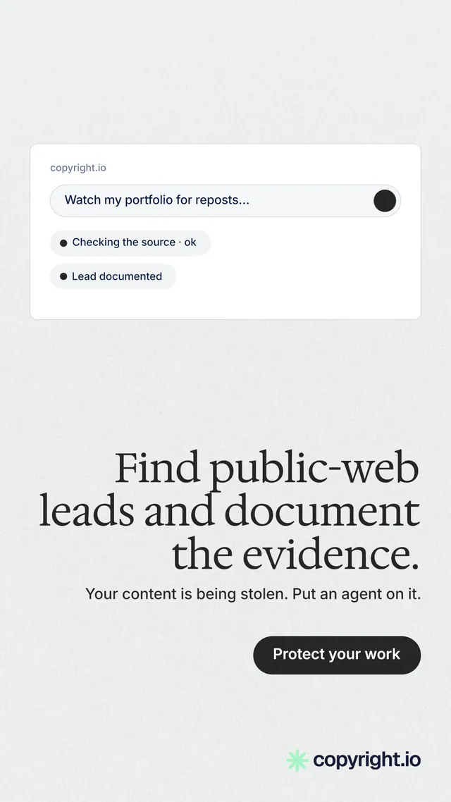 Instagram story for copyright.io: "Find public-web leads and document the evidence." Data card style, right layout, light palette in white, grey.