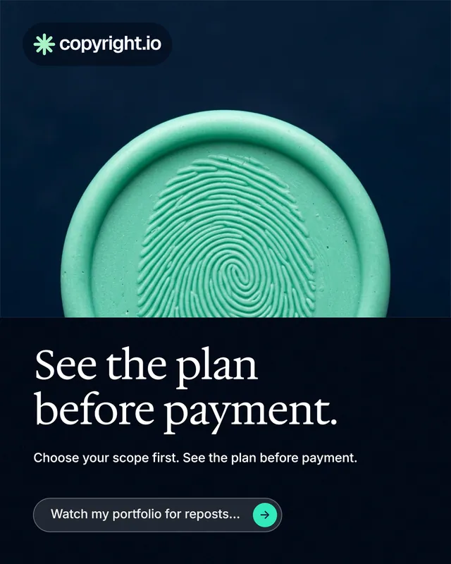 Instagram portrait post for copyright.io: "See the plan before payment." Agentic glass style, bottom layout, dark palette in black, teal, blue.