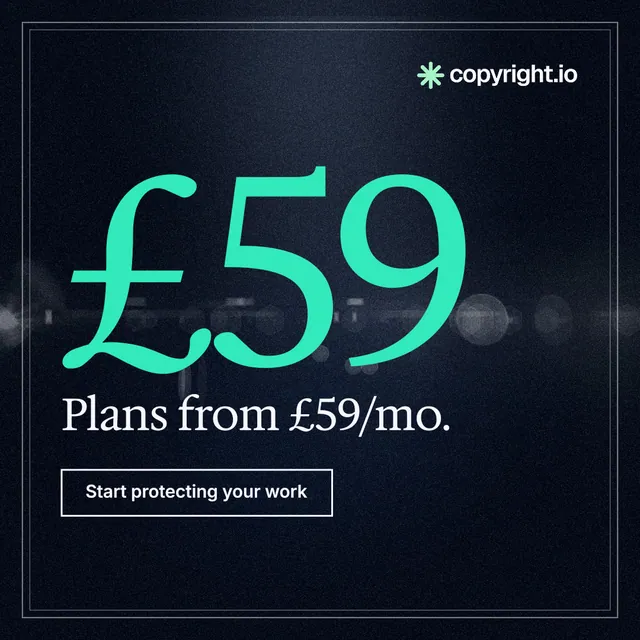 Instagram post for copyright.io: "Choose your scope first. See the plan before payment." Dark deco style, stat layout, dark palette in black, blue, teal.