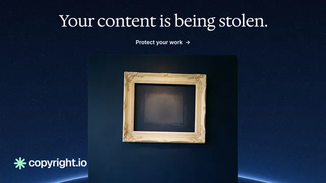 Landscape graphic for copyright.io: "Your content is being stolen." Agentic glass style, ogui layout, dark palette in black, blue, grey.