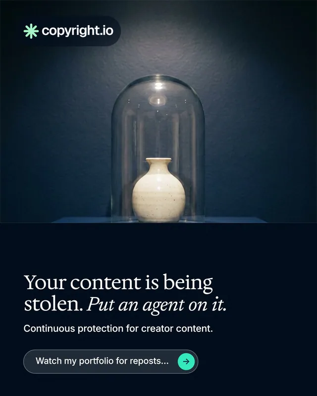 Instagram portrait post for copyright.io: "Your content is being stolen. Put an agent on it." Agentic glass style, bottom layout, dark palette in black, blue, grey.