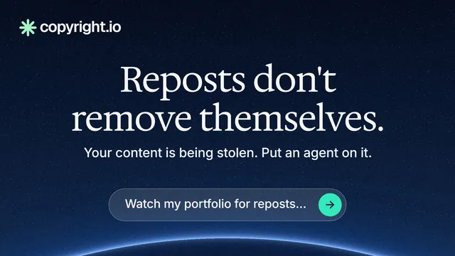 Landscape graphic for copyright.io: "Reposts don't remove themselves." Agentic glass style, centred layout, dark palette in blue, black.