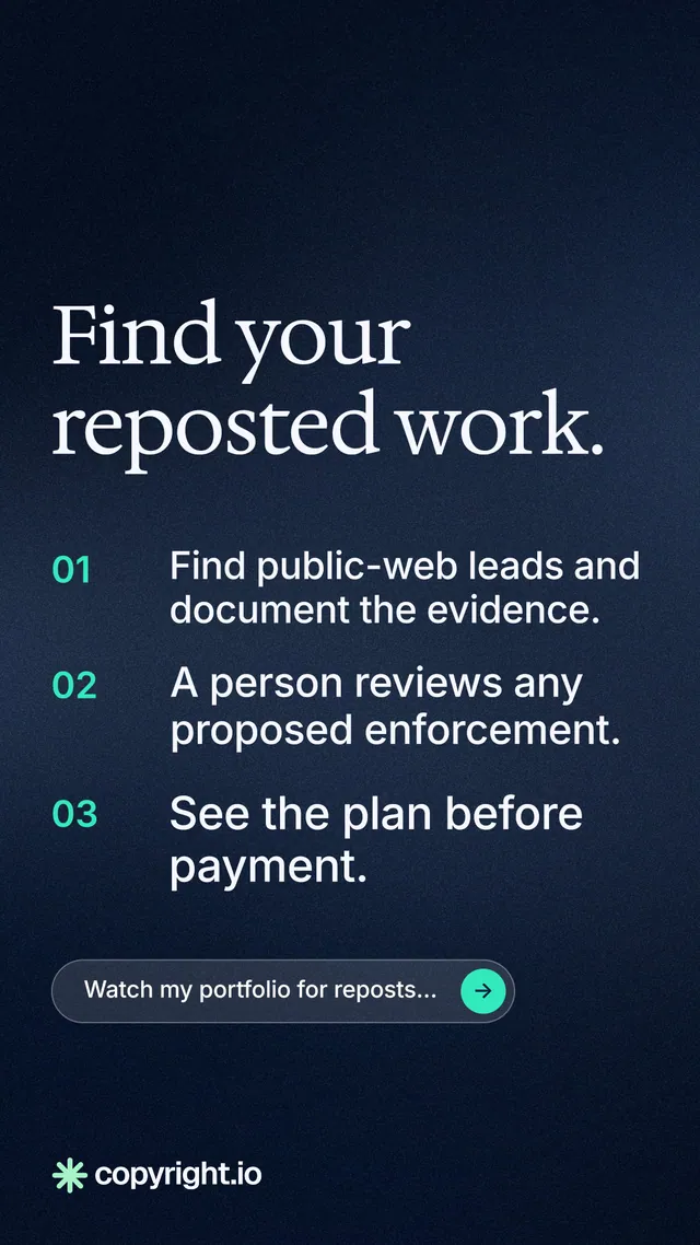 Instagram story for copyright.io: "Find your reposted work." Agentic glass style, numbered layout, dark palette in blue, black.