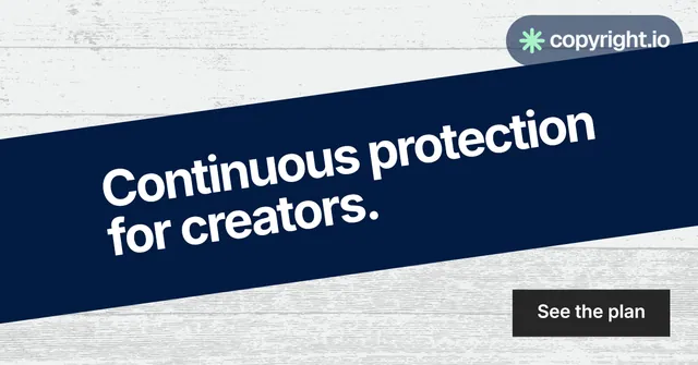 Social ad for copyright.io: "Continuous protection for creators." Swiss style, diagonal layout, light palette in white, blue.