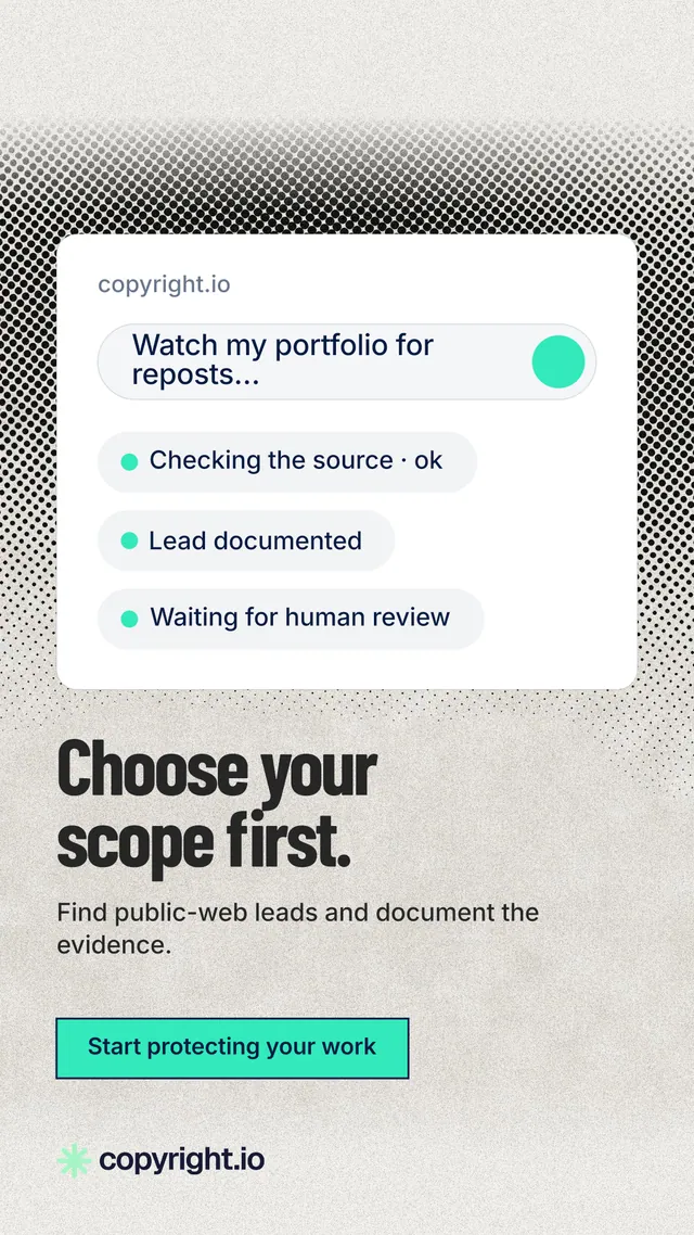 Instagram story for copyright.io: "Choose your scope first." Ink sticker style, bottom layout, light palette in white, grey.