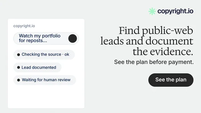 Landscape graphic for copyright.io: "Find public-web leads and document the evidence." Data card style, right layout, light palette in white, grey.