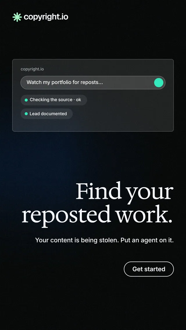 Instagram story for copyright.io: "Find your reposted work." Phosphor atlas style, right layout, dark palette in black.