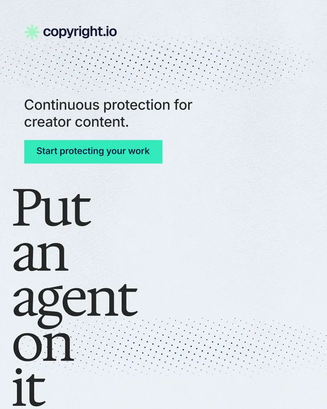 Instagram portrait post for copyright.io: "Put an agent on it." Swiss style, oversized layout, light palette in white, blue, grey.