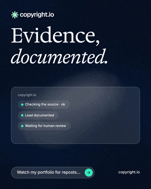 Instagram portrait post for copyright.io: "Evidence, documented." Thermal style, poster layout, dark palette in black, blue, grey.