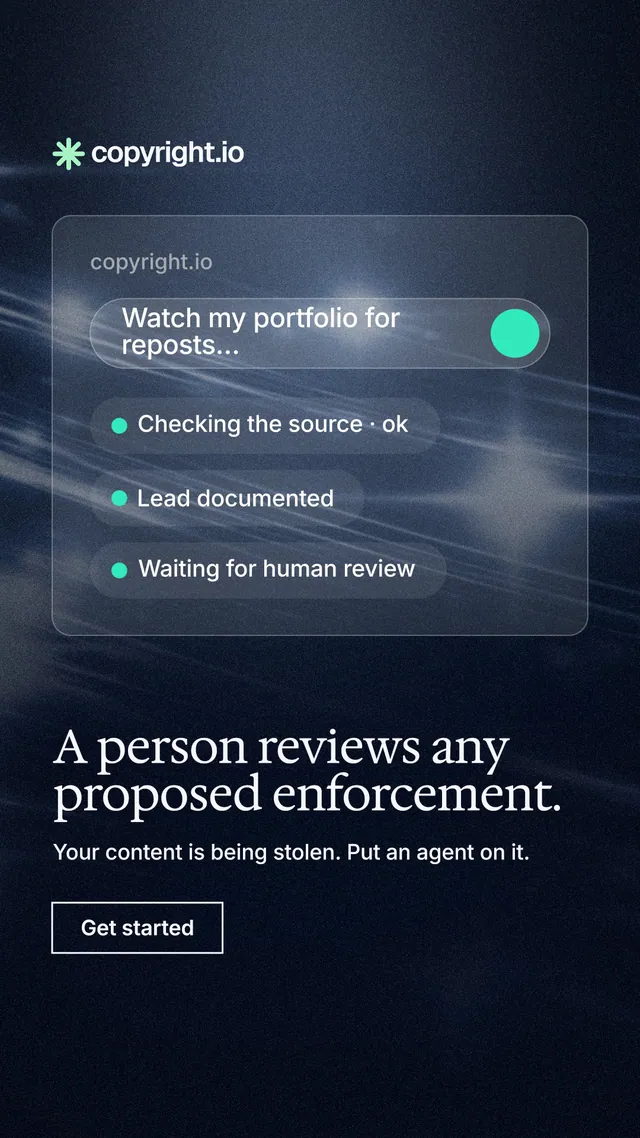 Instagram story for copyright.io: "A person reviews any proposed enforcement." Dark deco style, bottom layout, dark palette in blue, black, grey.