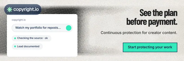 X header for copyright.io: "See the plan before payment." Ink sticker style, right layout, light palette in grey, green, white.