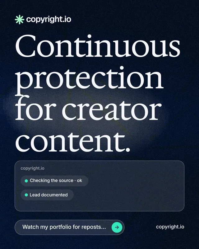 Instagram portrait post for copyright.io: "Continuous protection for creator content." Thermal style, poster layout, dark palette in blue, black, grey.