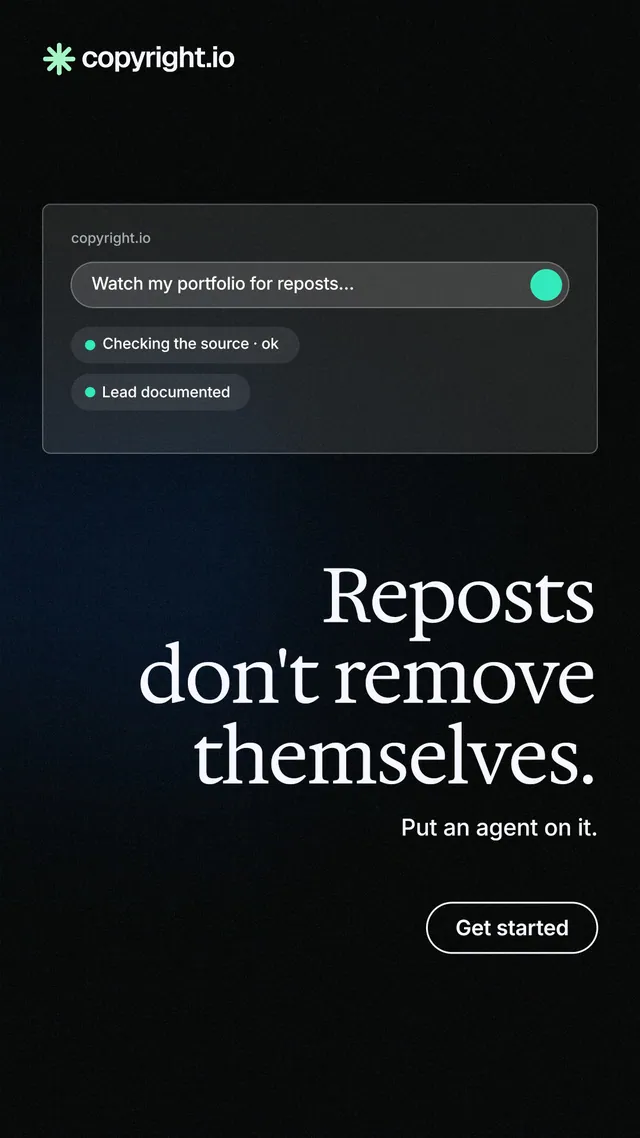 Instagram story for copyright.io: "Reposts don't remove themselves." Phosphor atlas style, right layout, dark palette in black.