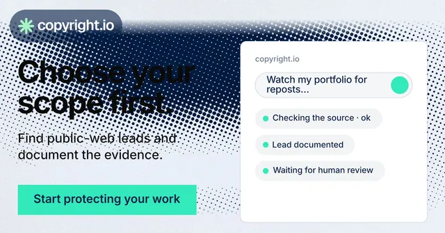 Social ad for copyright.io: "Choose your scope first." Swiss style, bottom layout, light palette in teal, blue, white.