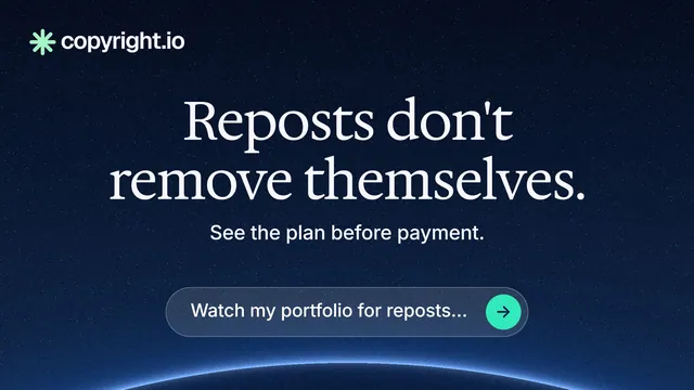 Landscape graphic for copyright.io: "Reposts don't remove themselves." Agentic glass style, centred layout, dark palette in blue, black.