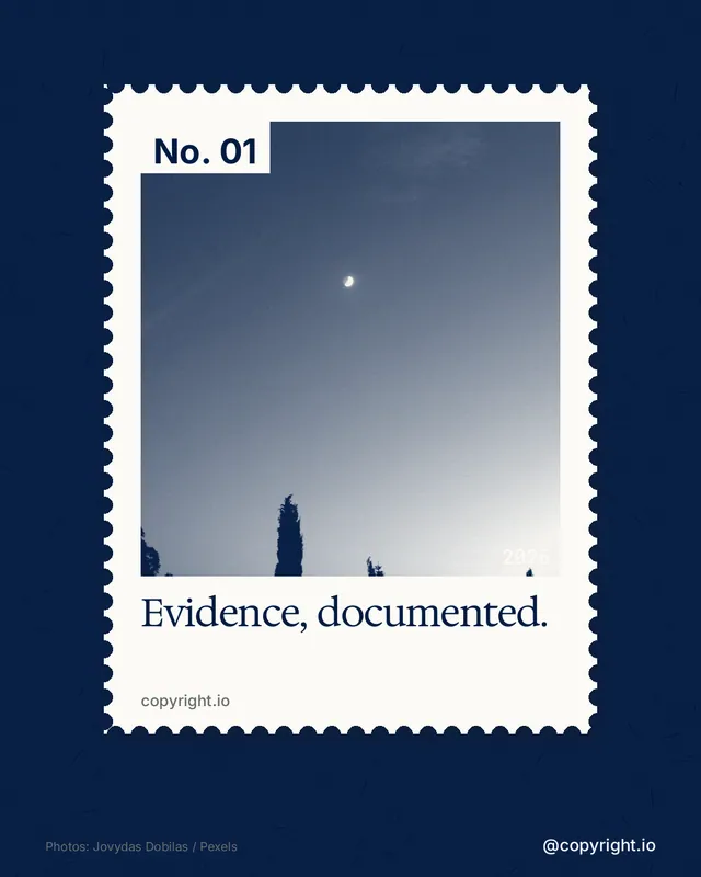 Instagram portrait post for copyright.io: "Evidence, documented." Single style, technique:stamp series layout, dark palette in blue, white, grey.