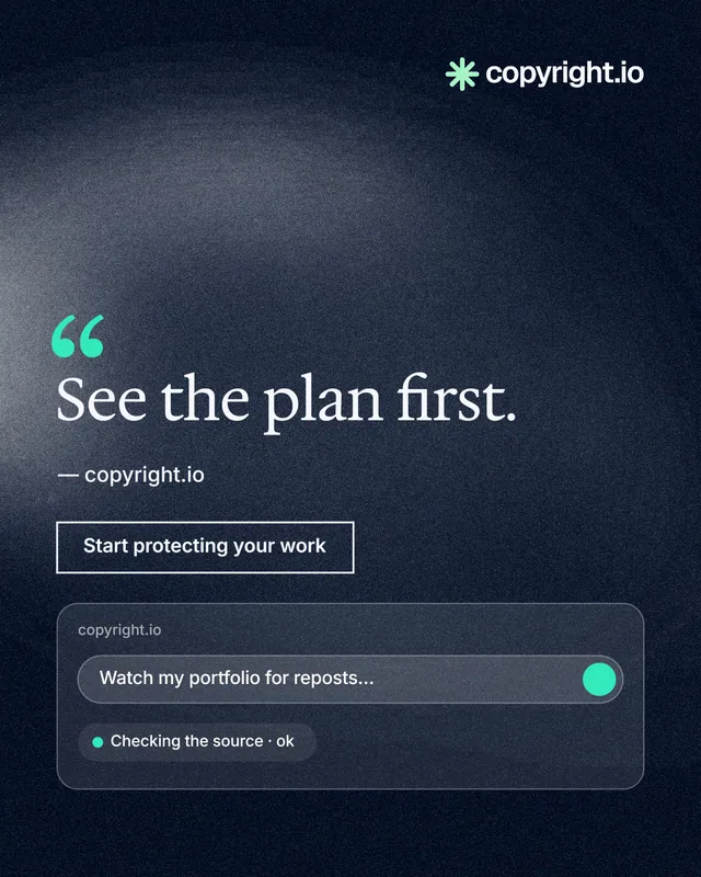 Instagram portrait post for copyright.io: "See the plan first." Cyanotype style, quote layout, dark palette in blue, black, grey.