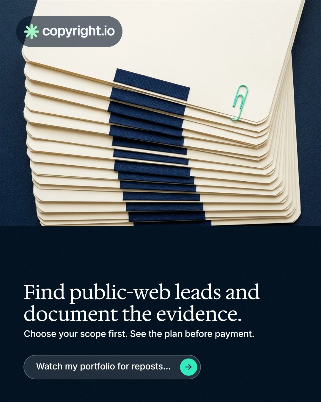 Instagram portrait post for copyright.io: "Find public-web leads and document the evidence." Agentic glass style, bottom layout, dark palette in yellow, black, blue.