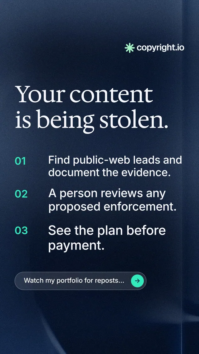 Instagram story for copyright.io: "Your content is being stolen." Agentic glass style, numbered layout, dark palette in black, blue, grey.
