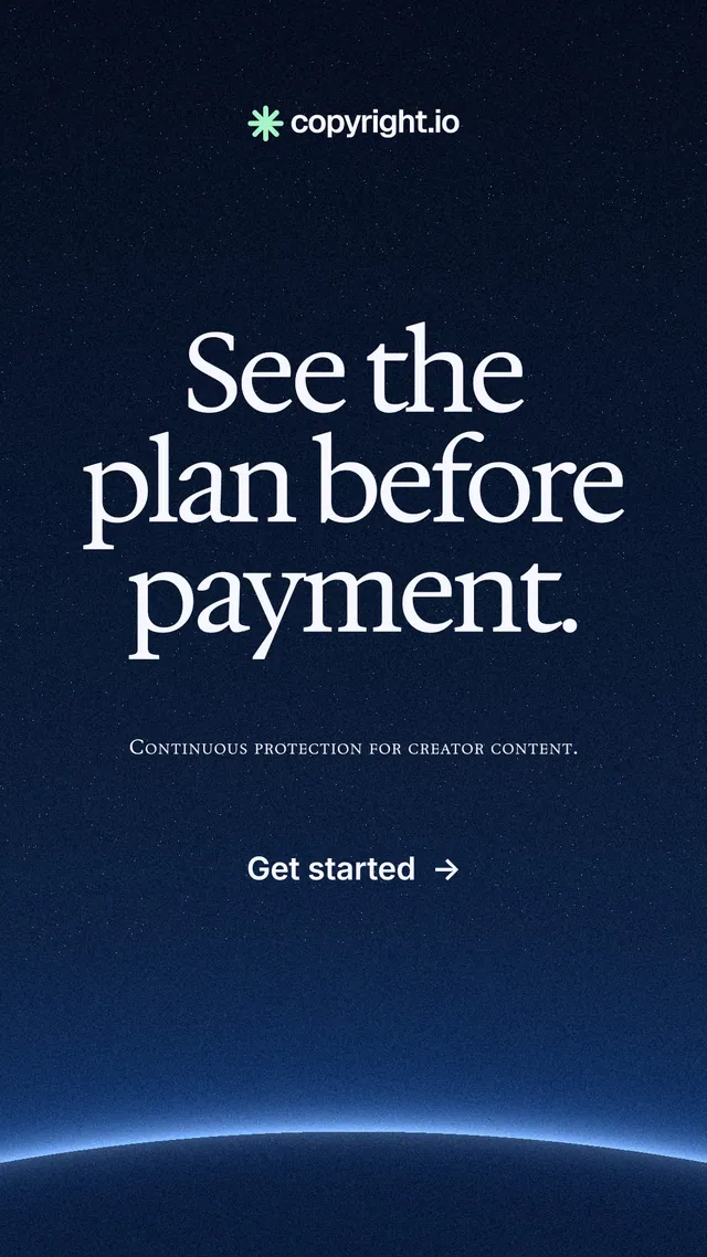 Instagram story for copyright.io: "See the plan before payment." Swiss style, smallcaps layout, dark palette in blue, black.
