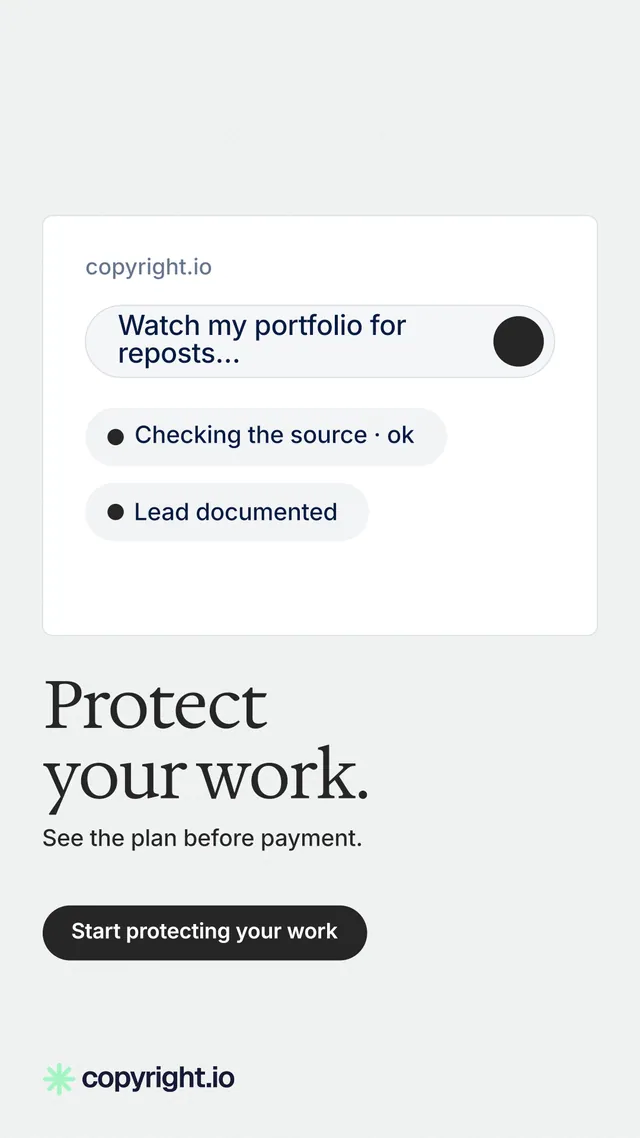 Instagram story for copyright.io: "Protect your work." Data card style, bottom layout, light palette in white.
