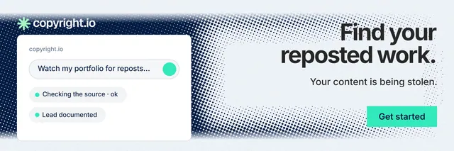 X header for copyright.io: "Find your reposted work." Swiss style, right layout, light palette in white, grey, teal.
