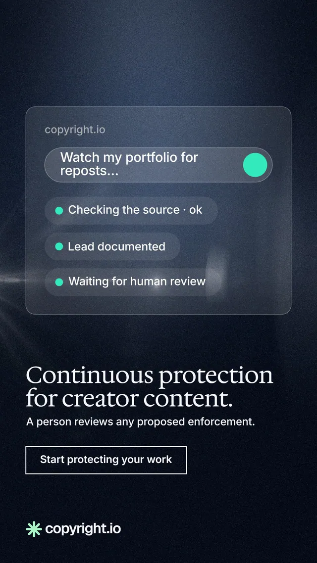 Instagram story for copyright.io: "Continuous protection for creator content." Dark deco style, bottom layout, dark palette in black, blue, grey.