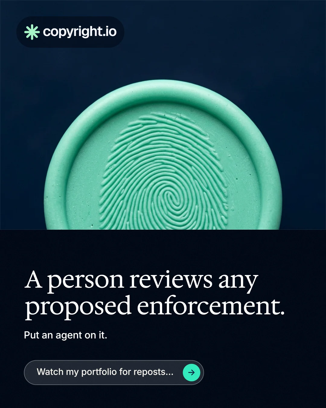 Instagram portrait post for copyright.io: "A person reviews any proposed enforcement." Agentic glass style, bottom layout, dark palette in black, teal, blue.