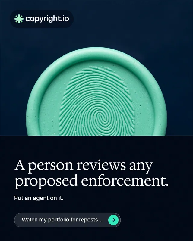 Instagram portrait post for copyright.io: "A person reviews any proposed enforcement." Agentic glass style, bottom layout, dark palette in black, teal, blue.