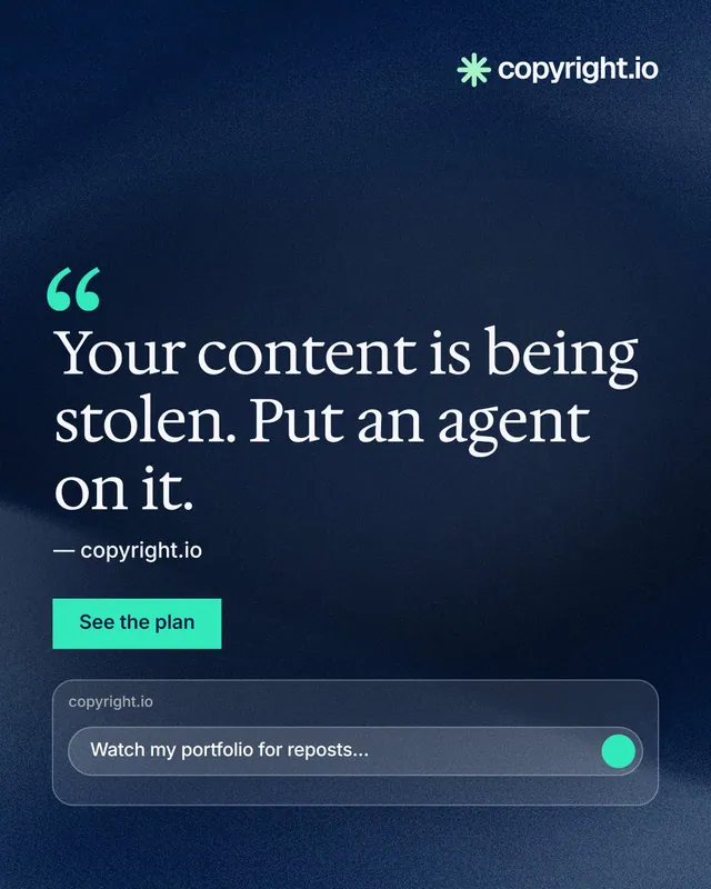 Instagram portrait post for copyright.io: "Your content is being stolen. Put an agent on it." Swiss style, quote layout, dark palette in blue, black.