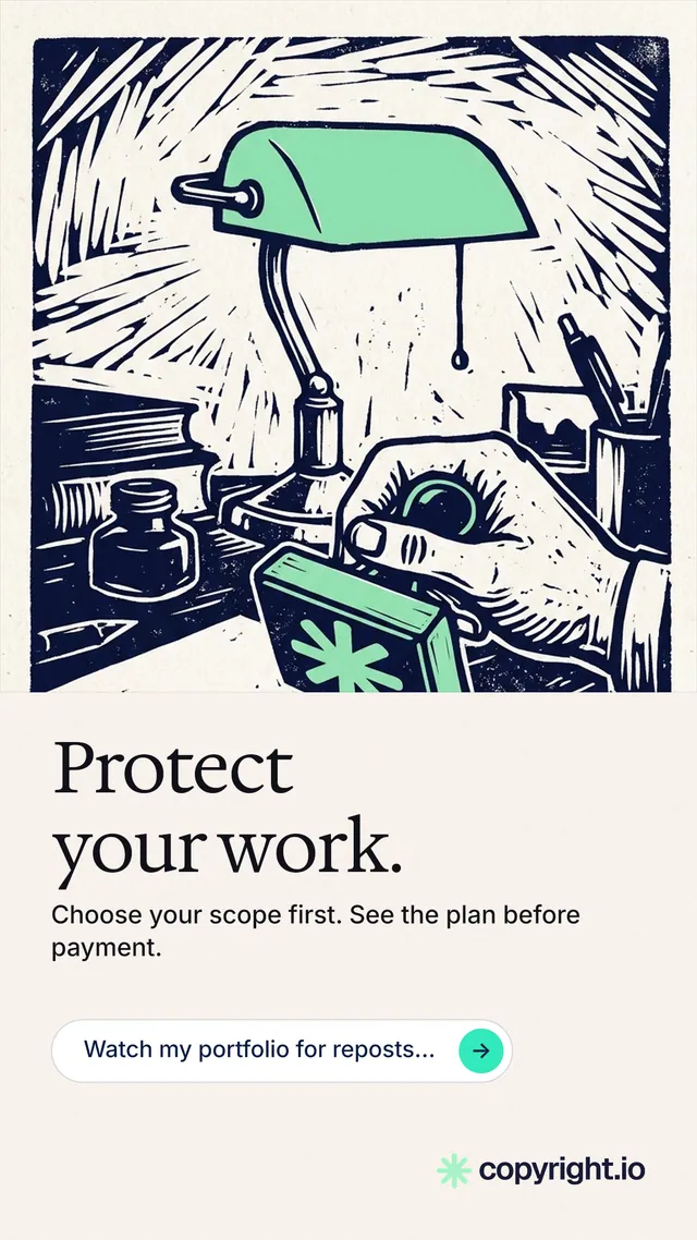 Instagram story for copyright.io: "Protect your work." Agentic glass style, bottom layout, light palette in white, grey.