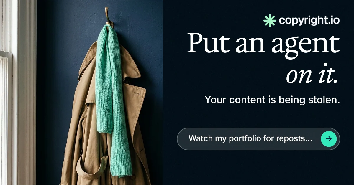 Social ad for copyright.io: "Put an agent on it." Agentic glass style, right layout, dark palette in black, grey.