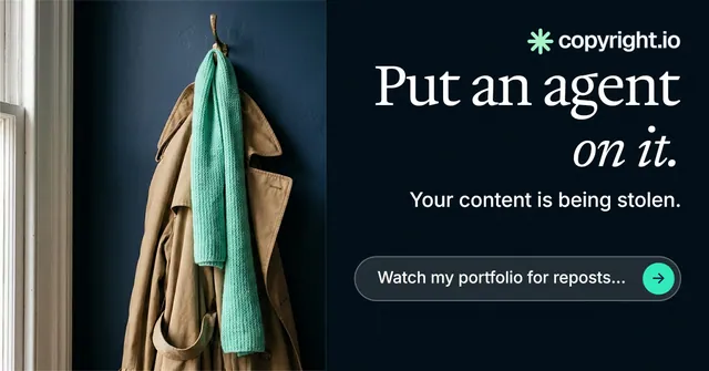 Social ad for copyright.io: "Put an agent on it." Agentic glass style, right layout, dark palette in black, grey.