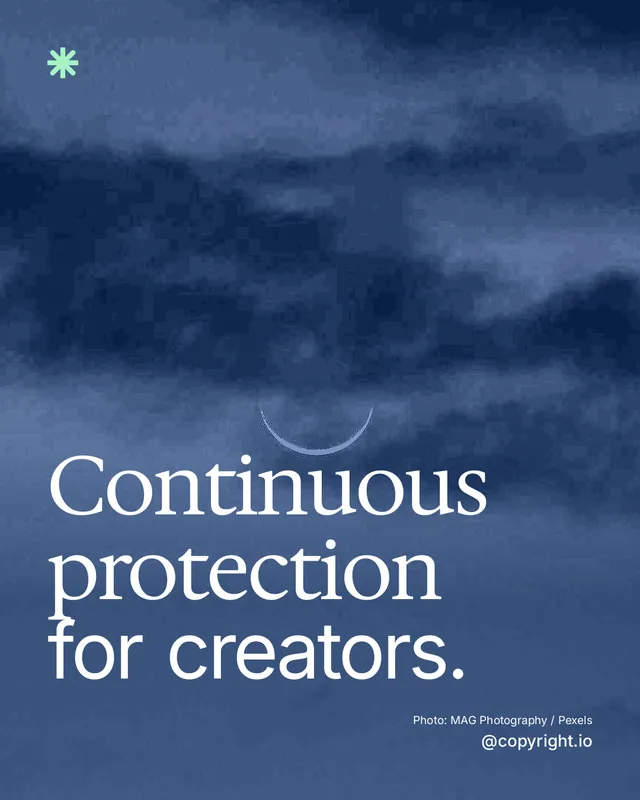 Instagram portrait post for copyright.io: "Continuous protection for creators." Duotone style, technique:pexels ingredient layout, dark palette in blue.