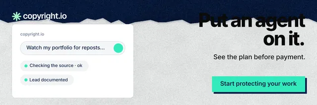 X header for copyright.io: "Put an agent on it." Paper trio style, right layout, light palette in teal, blue, white.