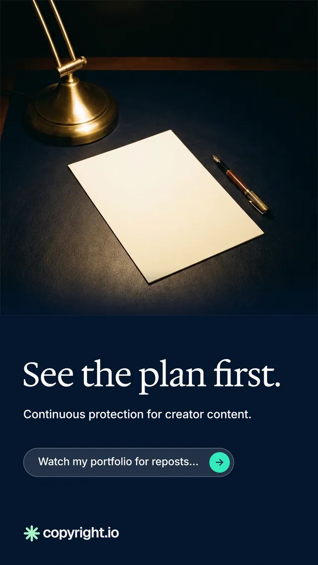 Instagram story for copyright.io: "See the plan first." Agentic glass style, bottom layout, dark palette in black, grey.