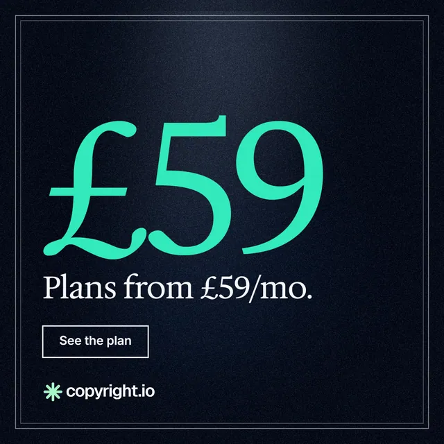 Instagram post for copyright.io: "Choose your scope first." Dark deco style, stat layout, dark palette in black, teal.