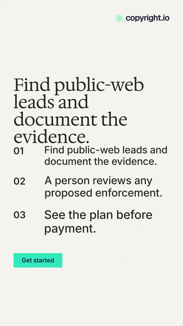 Instagram story for copyright.io: "Find public-web leads and document the evidence." Swiss style, numbered layout, light palette in white, grey.