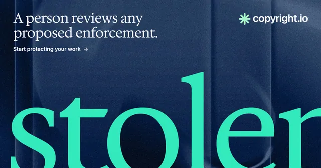 Social ad for copyright.io: "A person reviews any proposed enforcement." Agentic glass style, ogword layout, dark palette in blue, teal.