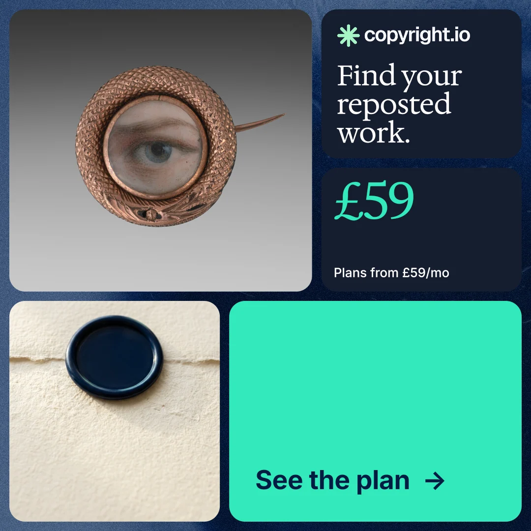 Instagram post for copyright.io: "Find your reposted work." Agentic glass style, bento layout, light palette in grey, blue, teal.