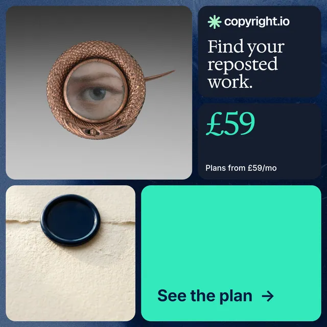 Instagram post for copyright.io: "Find your reposted work." Agentic glass style, bento layout, light palette in grey, blue, teal.