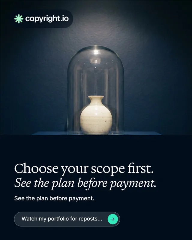 Instagram portrait post for copyright.io: "Choose your scope first. See the plan before payment." Agentic glass style, bottom layout, dark palette in blue, black, grey.