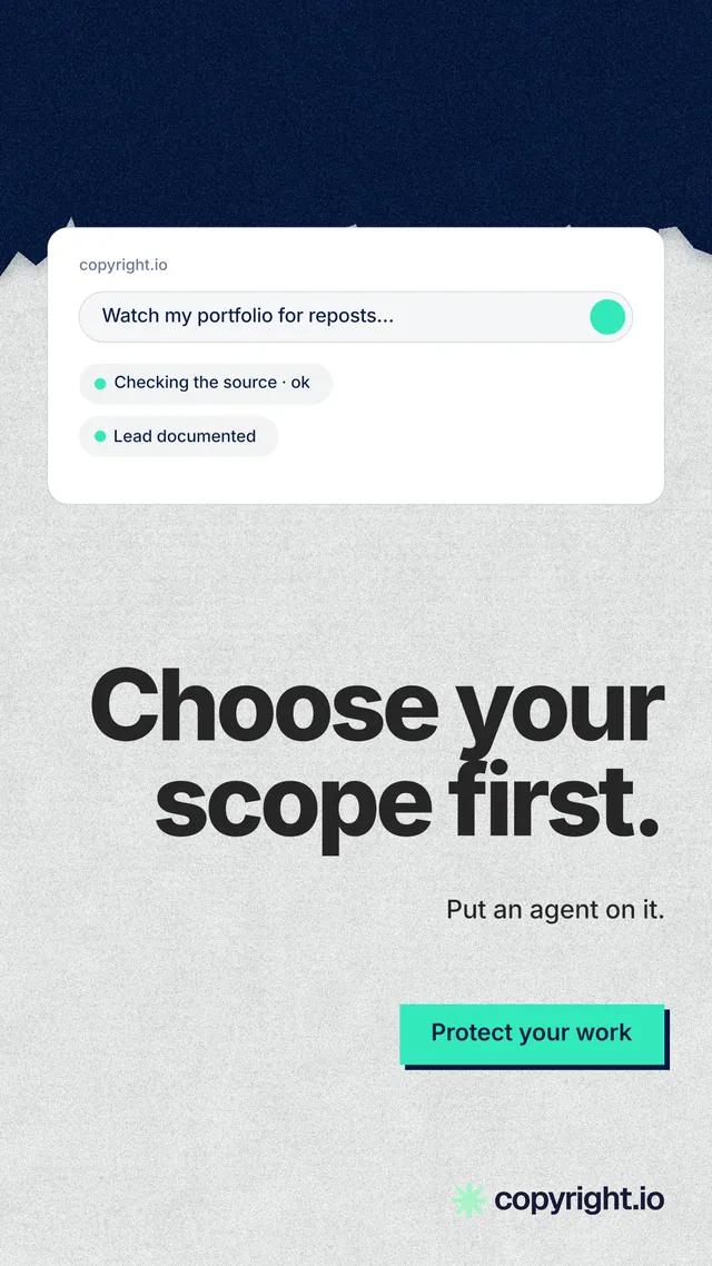 Instagram story for copyright.io: "Choose your scope first." Paper trio style, right layout, light palette in white, blue.