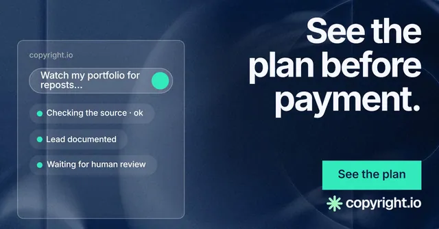Social ad for copyright.io: "See the plan before payment." Swiss style, right layout, dark palette in black, blue, teal.